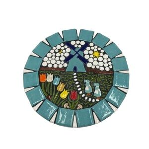 Vintage Mosaic Blue Ceramic Tile Art Trivet Round Windmill Country Farm House
